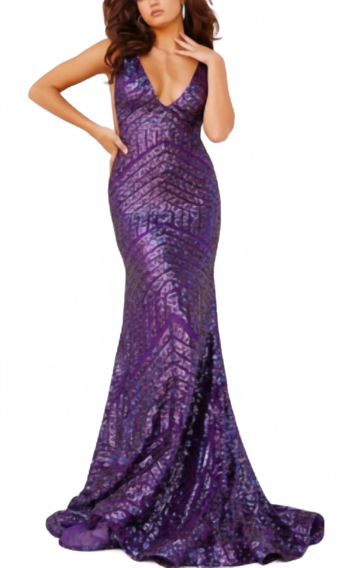 Low V Neck Sequin Sheath Dress In Iridescent Purple
