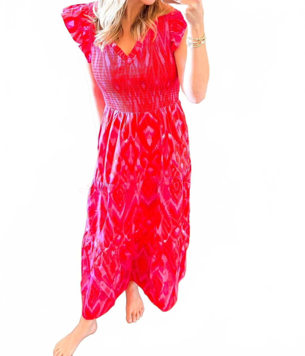 Sunfire Smocked Midi Dress In Red-Pink-Combo