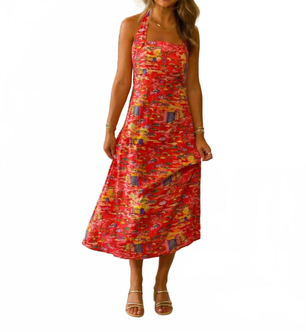 Halter Top Midi Dress In Red Multi