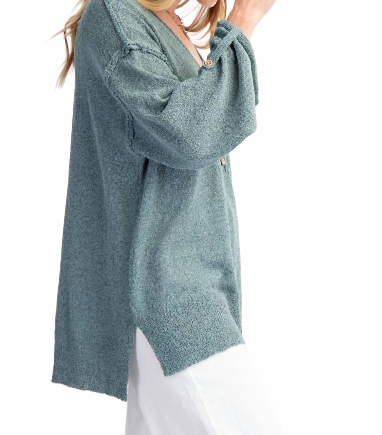 V-Neckline Knit Button Detail Sweater In Teal Green