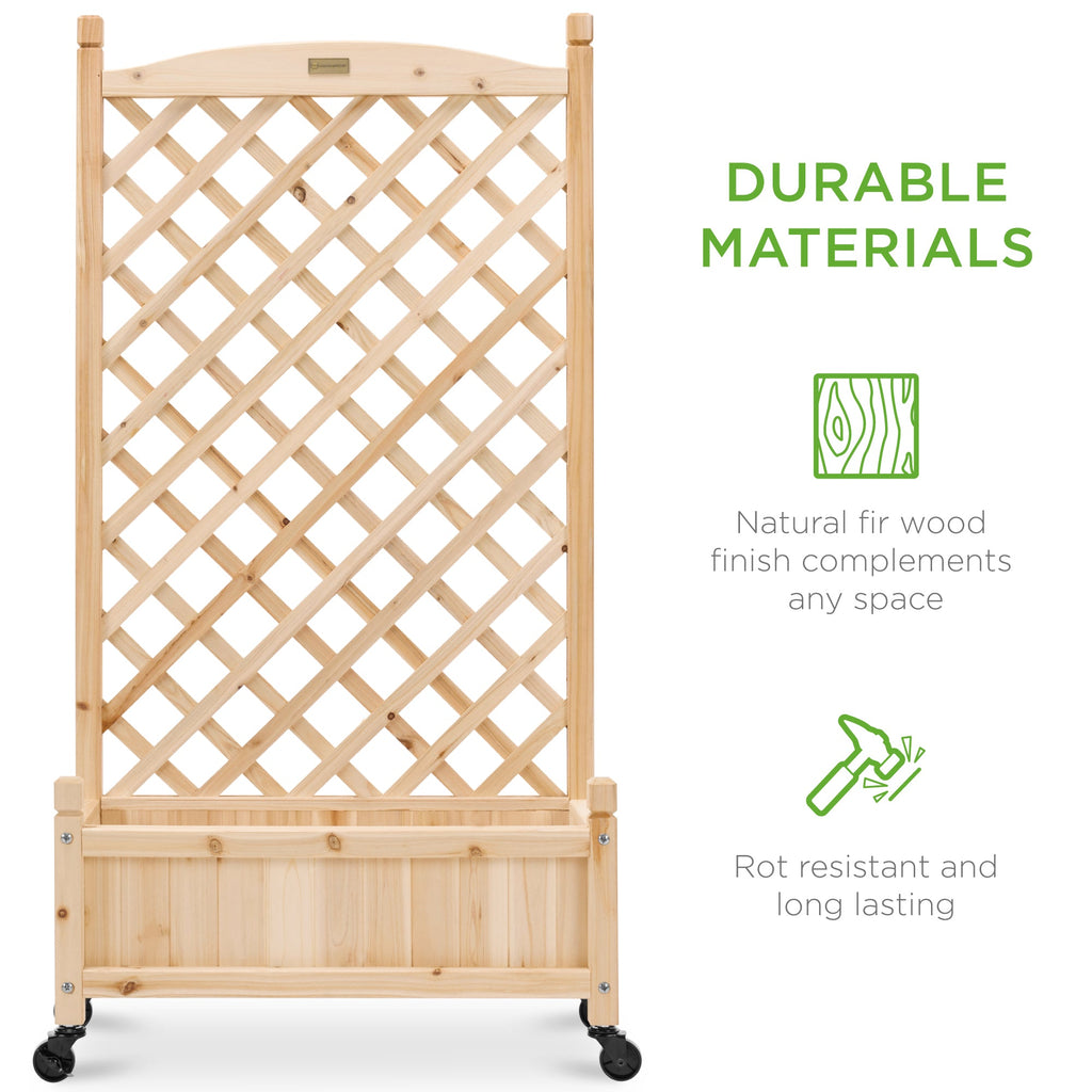 Best Choice Products Set of 2 48in Wood Planter Box & Diamond Lattice Trellis, w/ Drainage, Optional Wheels - Natural