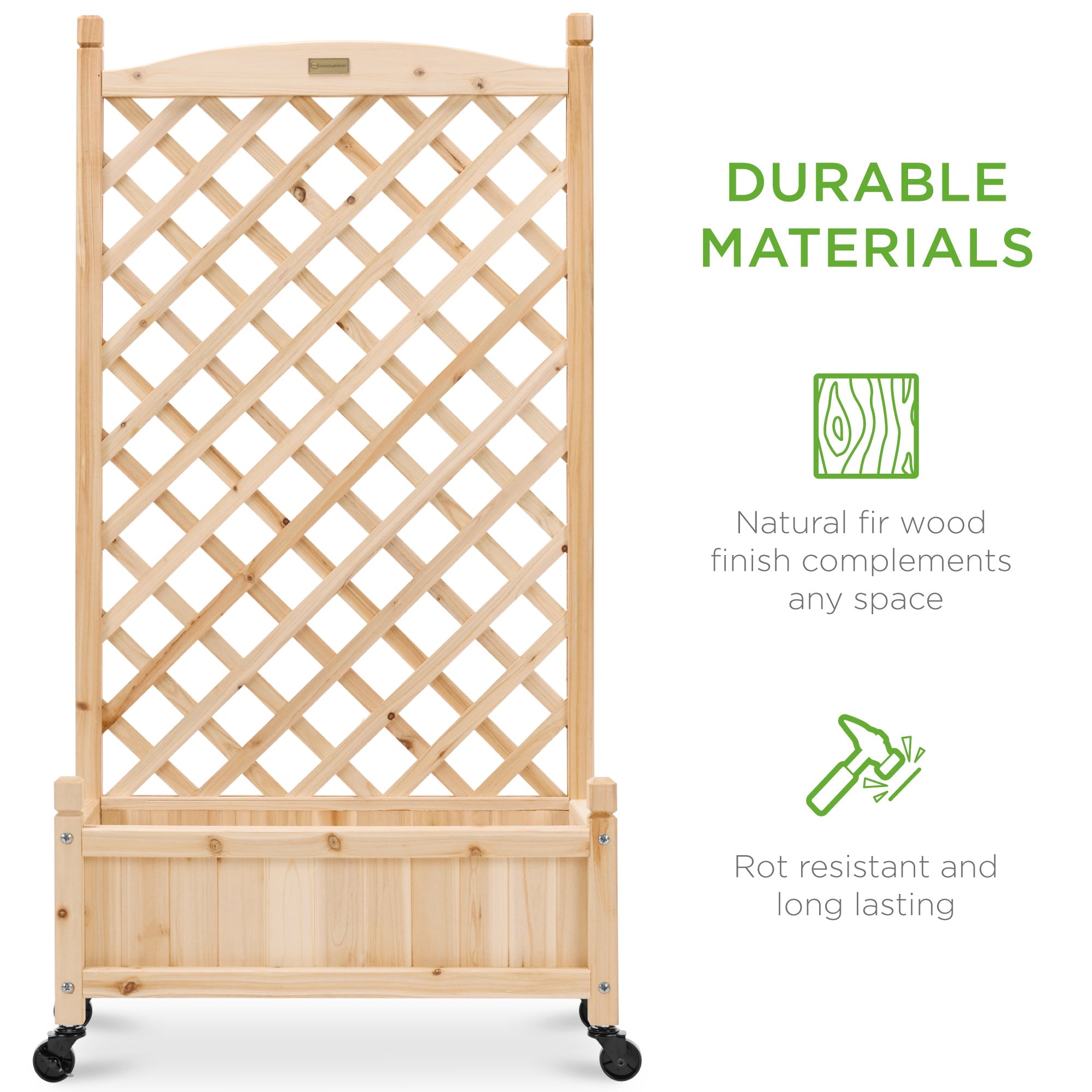 Best Choice Products Set of 2 48in Wood Planter Box & Diamond Lattice Trellis, w/ Drainage, Optional Wheels - Natural