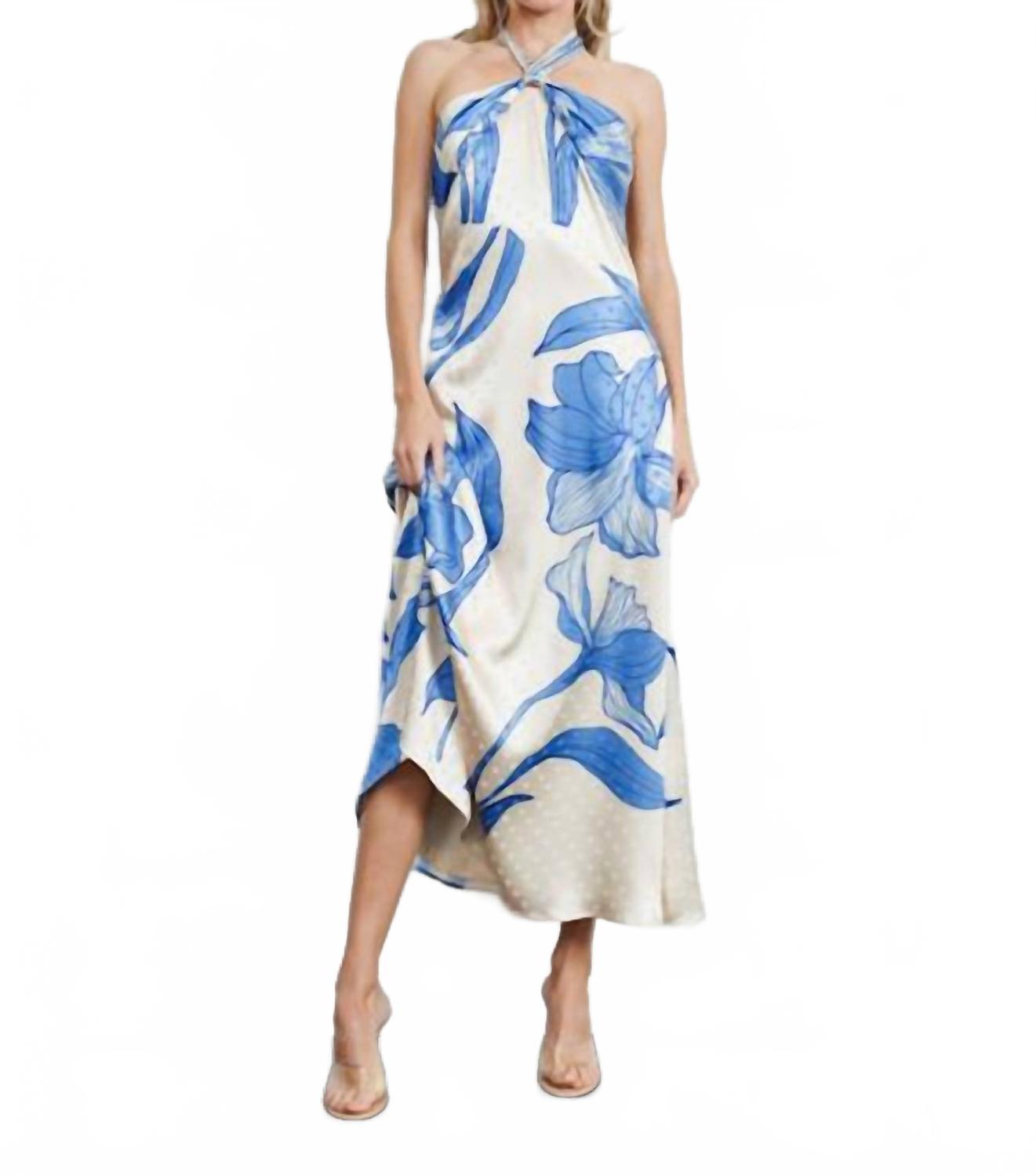 Runie Floral Print Halterneck Maxi Dress In Blue