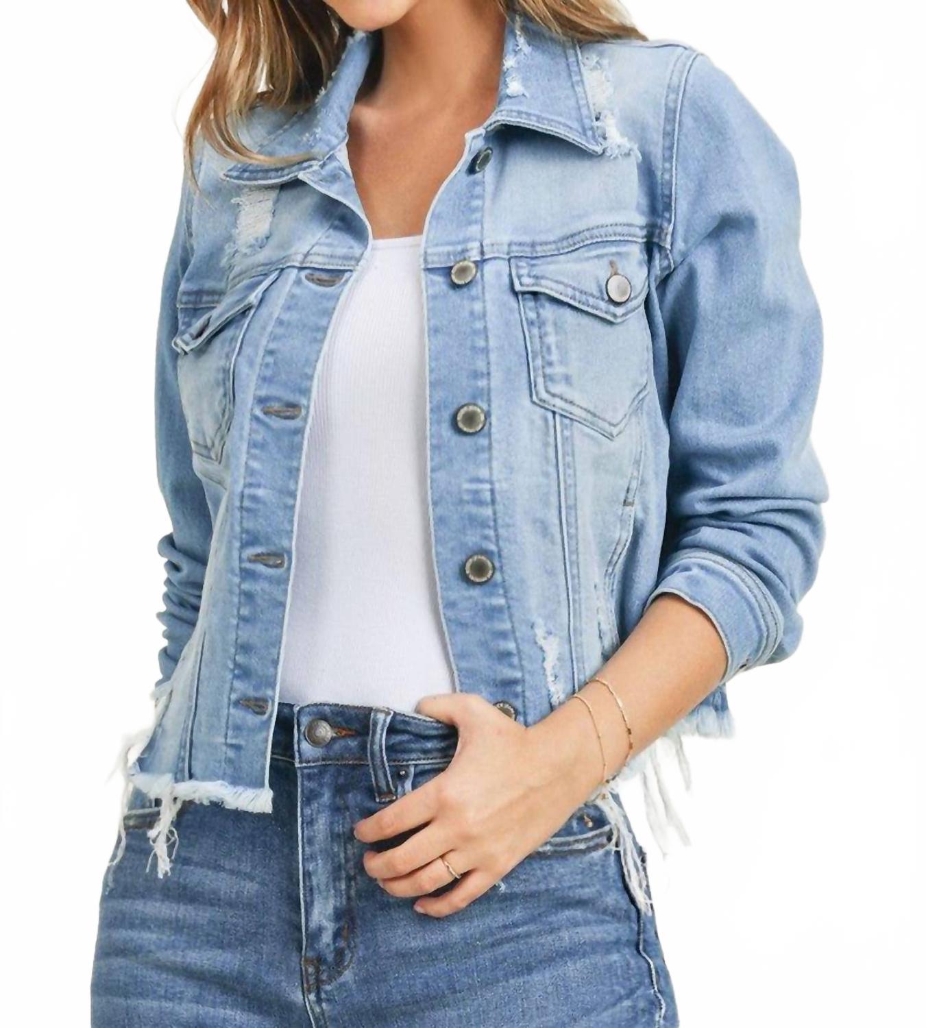 Maylynn Distressed Frayed Hem Denim Jacket In Blue