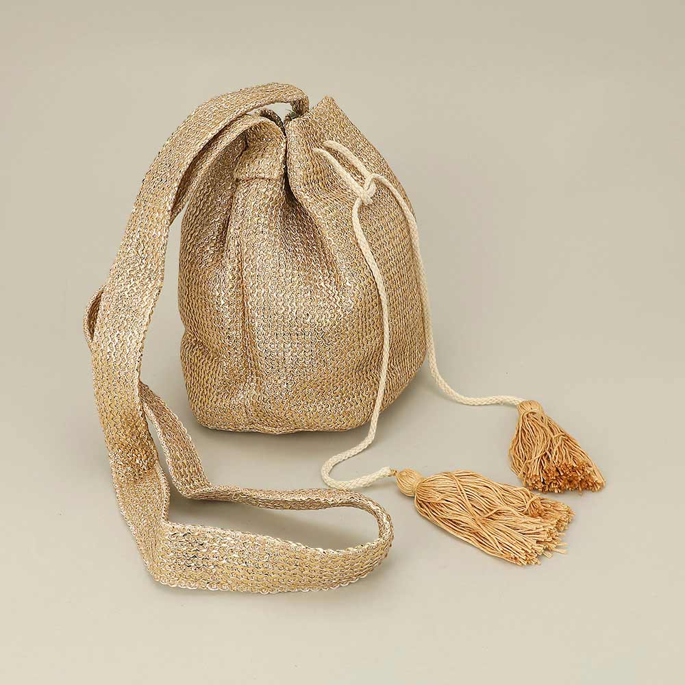 Metallic Woven Tassel Bucket Crossbody Bag