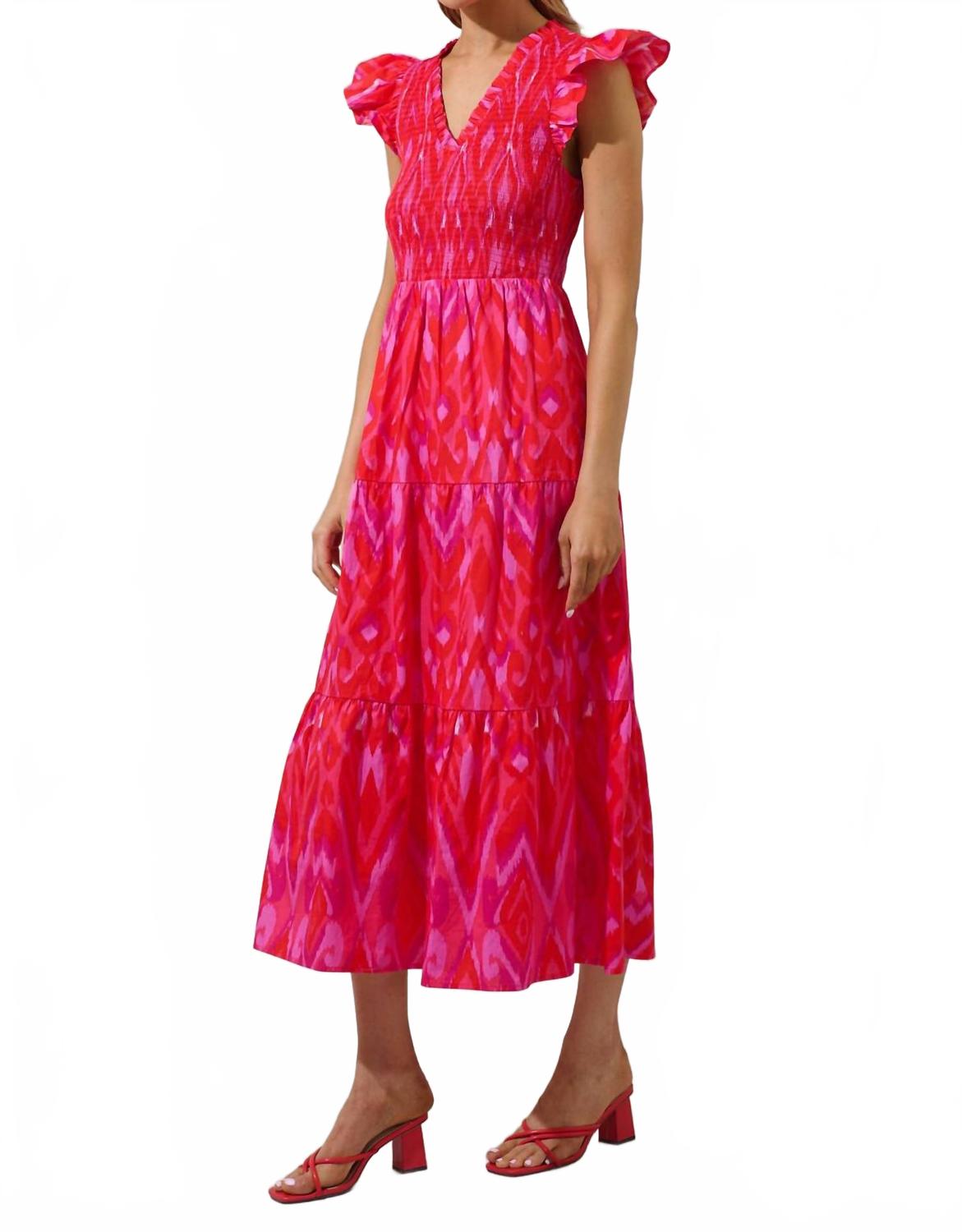 Sunfire Smocked Midi Dress In Red-Pink-Combo