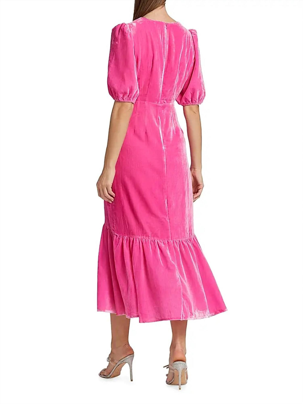 Ester Puff-Sleeve Velvet Midi-Dress In Pink