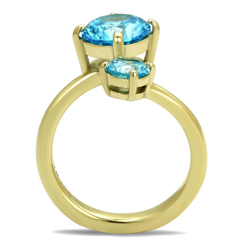 IP Gold(Ion Plating) Stainless Steel Ring with AAA Grade CZ in Sea Blue