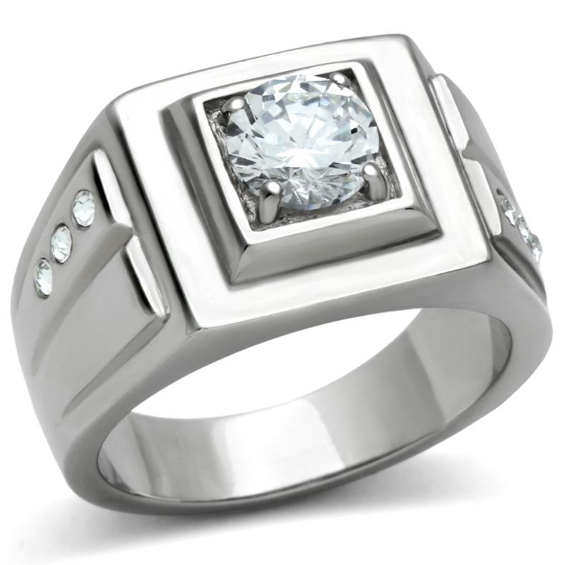 High polished (no plating) Stainless Steel Ring with AAA Grade CZ in Clear