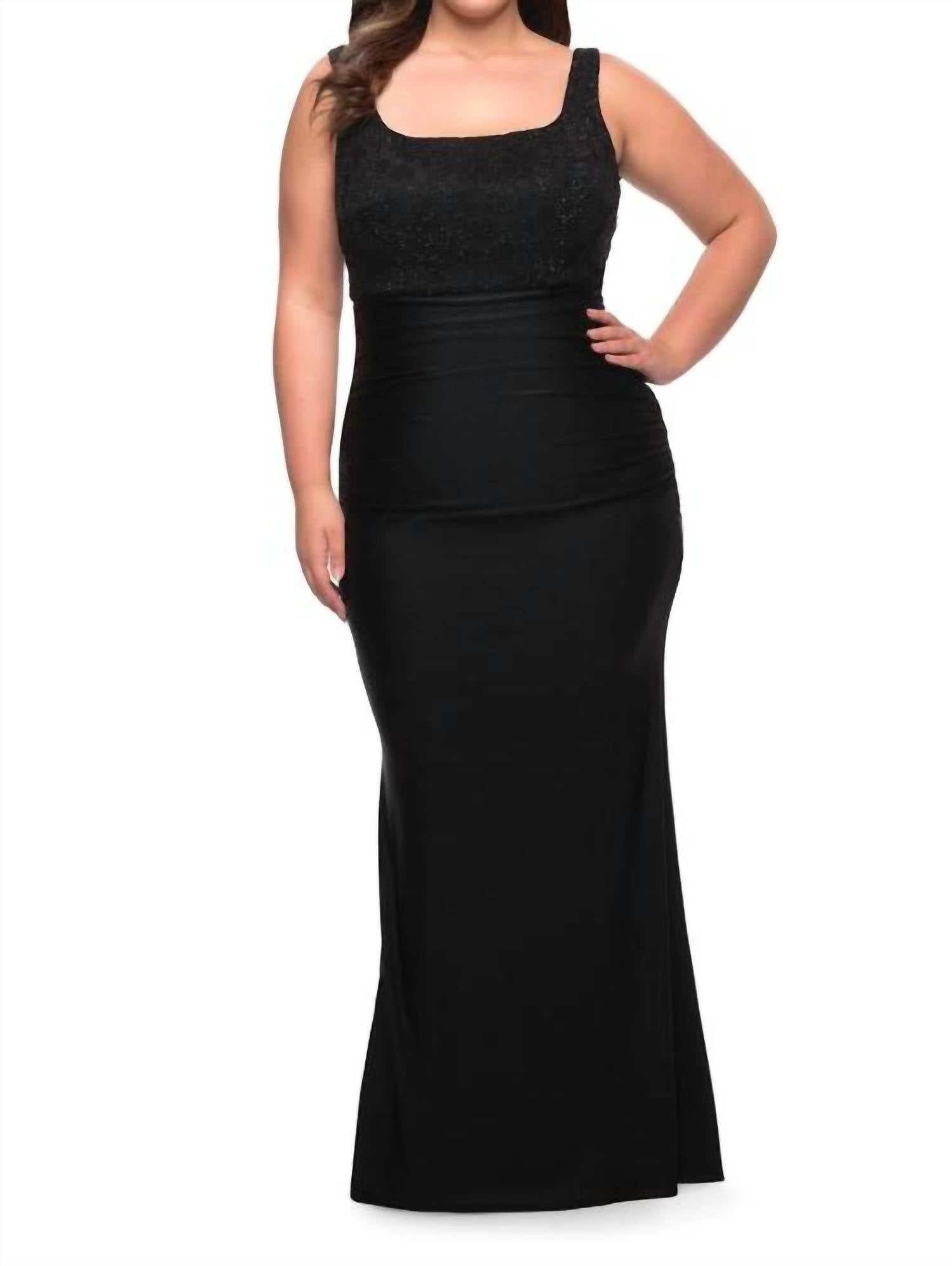 Squareneck Jersey Skirt And Lace Bodice Gown In Black