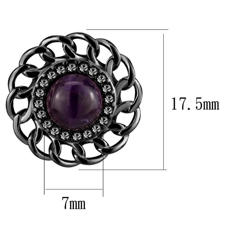 IP Light Black Stainless Steel Earrings with Semi-Precious Amethyst Crystal in Amethyst