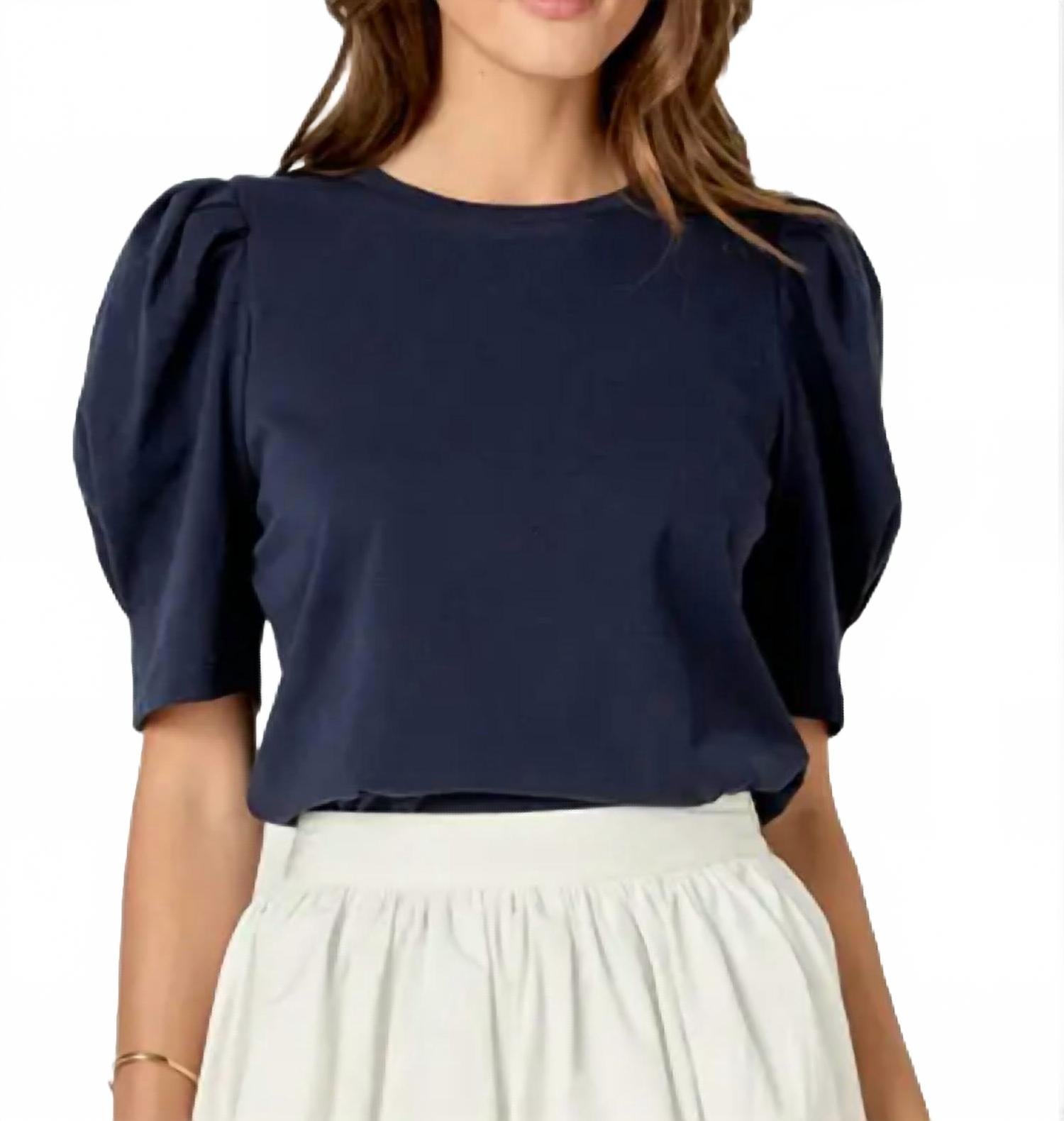 Short Puff Sleeve Knit Top In Navy