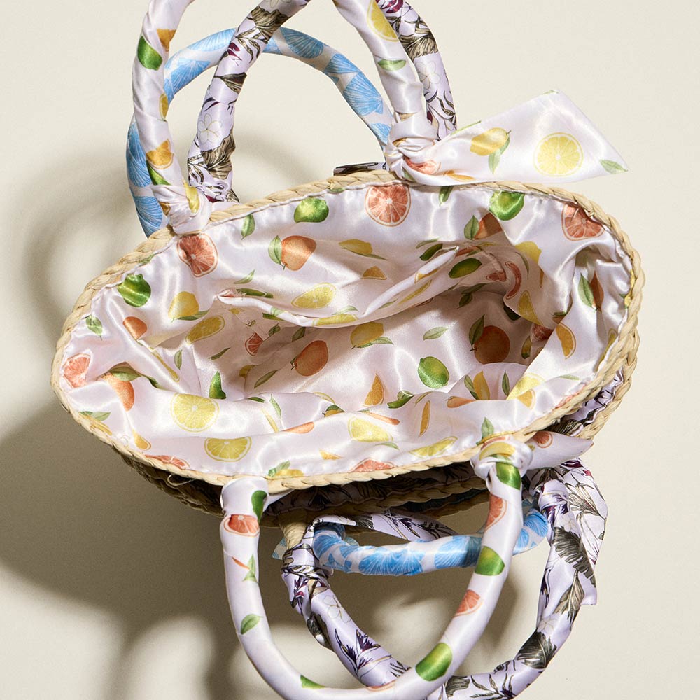 Floral Print Fabric Scarf Wrapped Handle Raffia Tote Bag