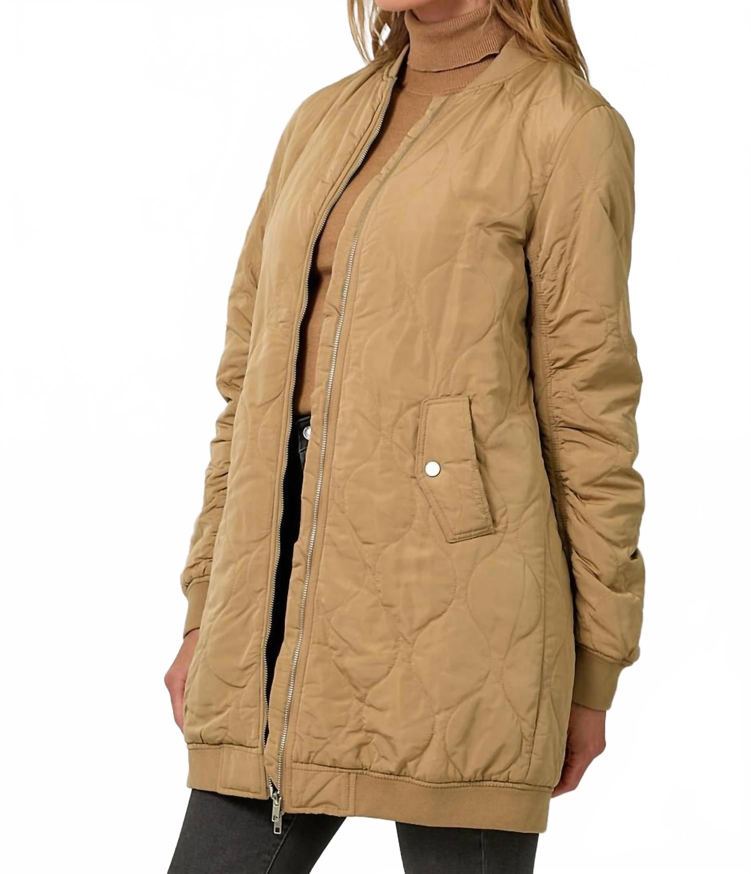 Guilted Long Bomber Jacket In Latte