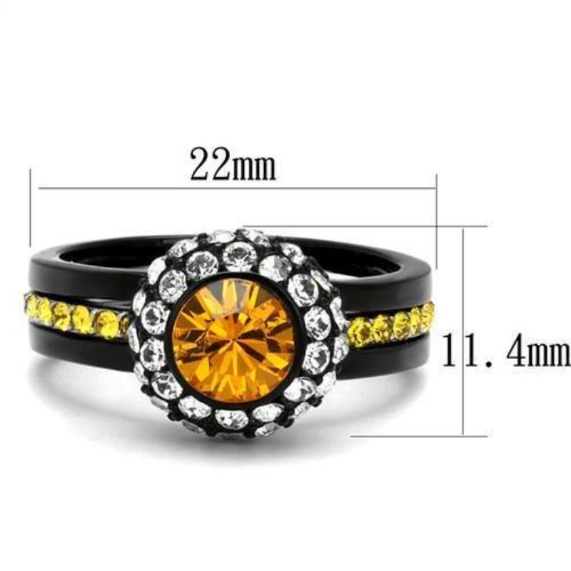 Two-Tone IP Black (Ion Plating) Stainless Steel Ring with Top Grade Crystal in Topaz