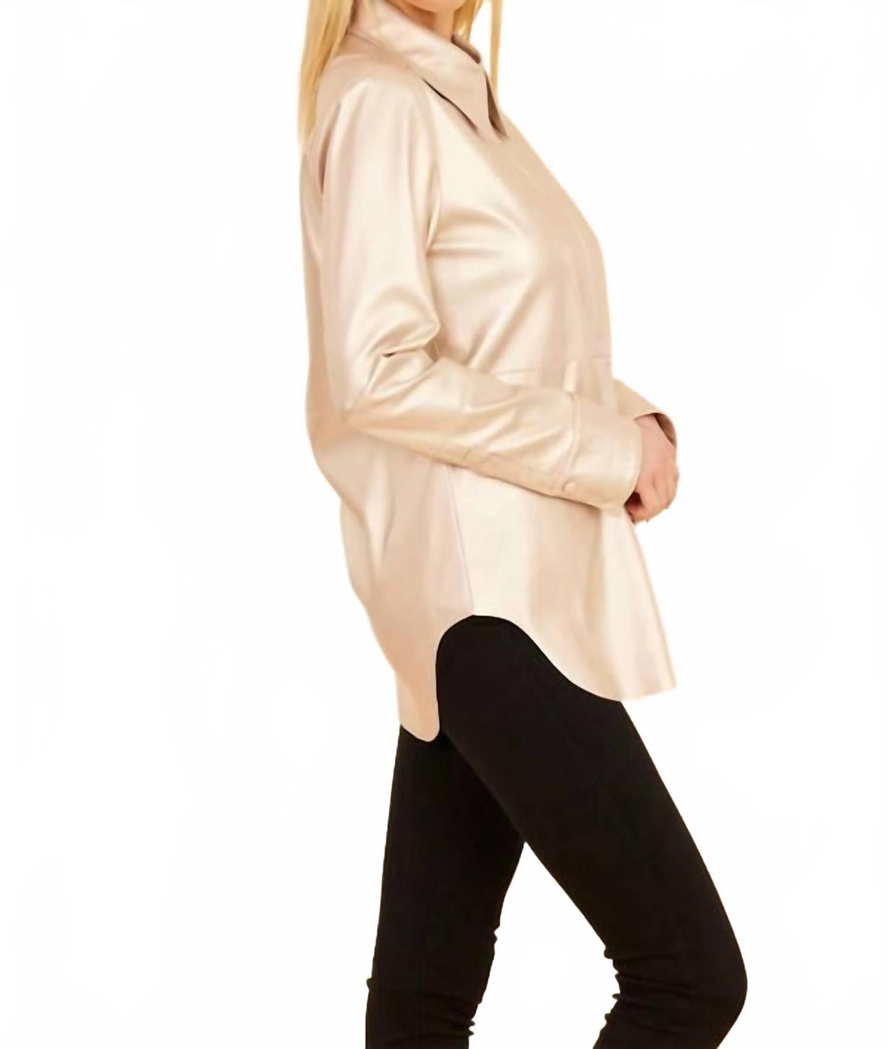 Vegan Leather Button Up Shirt In Pale Metallic Gold