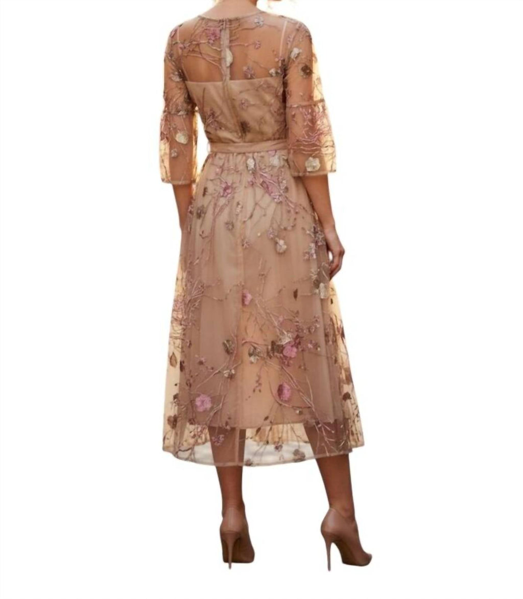 Sheer Floral Embroidered Midi Dress In Tan