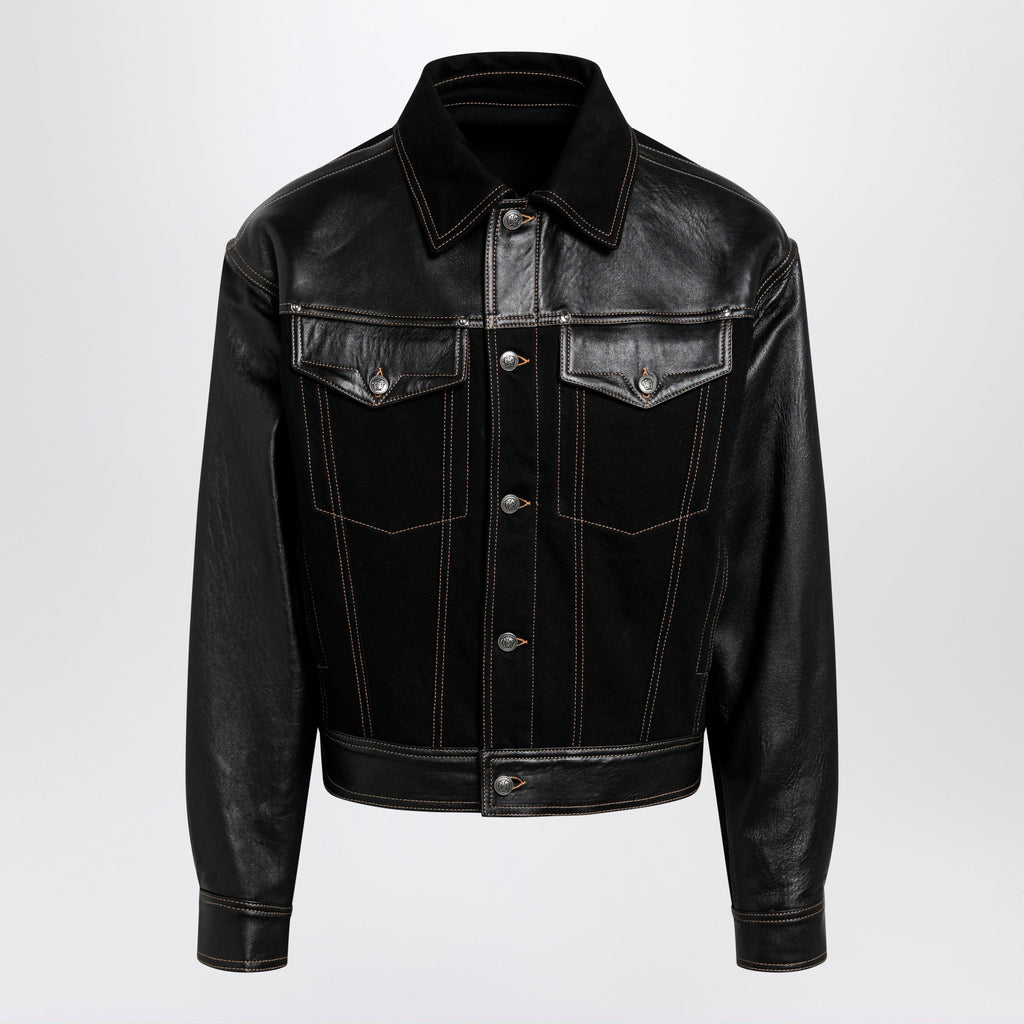 Versace Black Denim And Leather Bomber Jacket Men