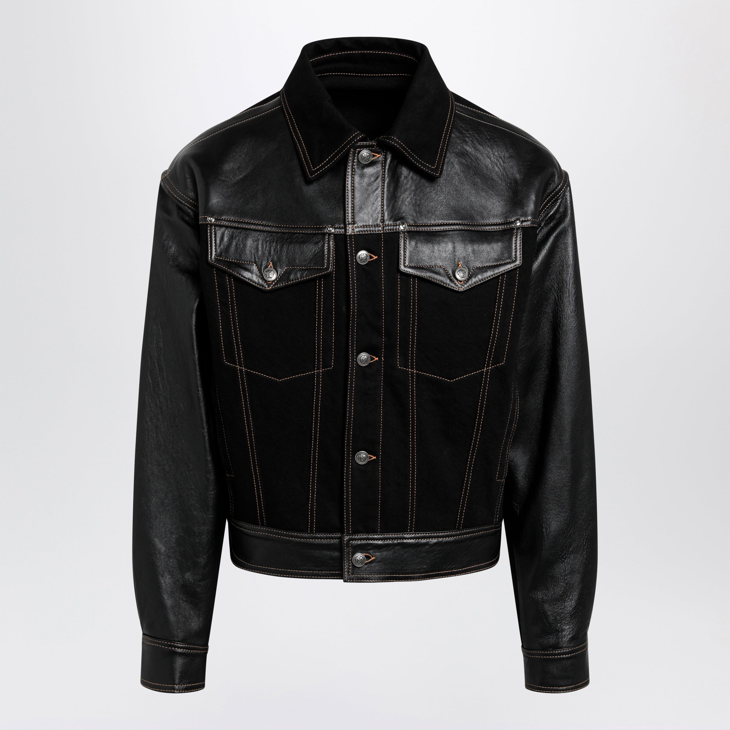 Versace Black Denim And Leather Bomber Jacket Men