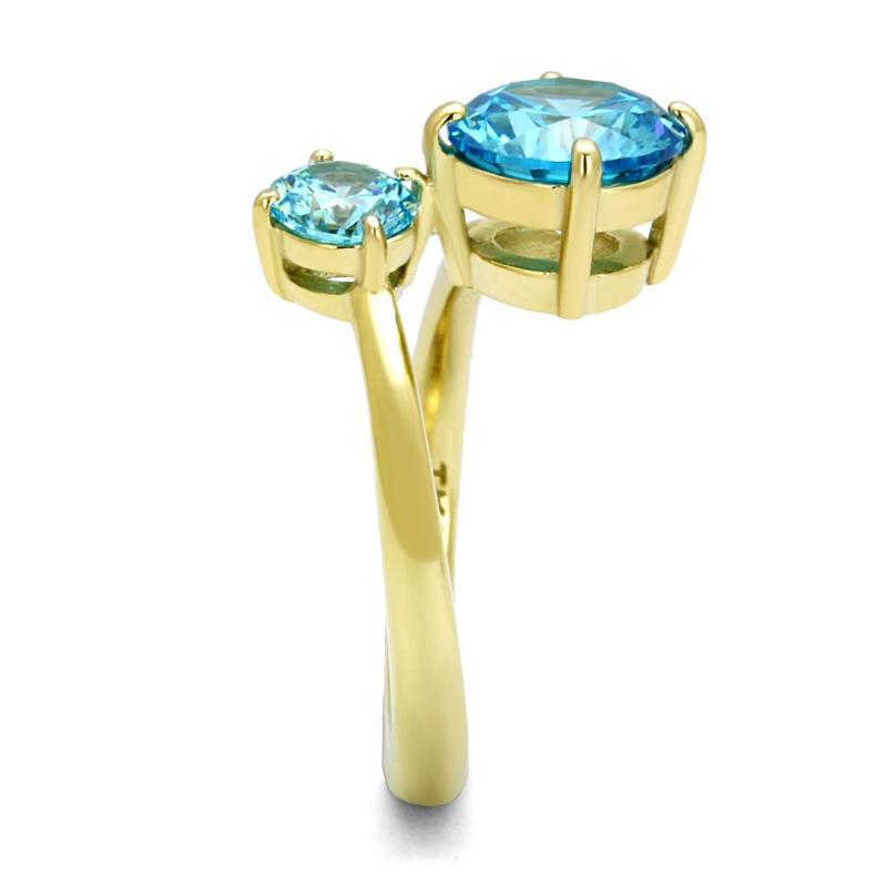 IP Gold(Ion Plating) Stainless Steel Ring with AAA Grade CZ in Sea Blue