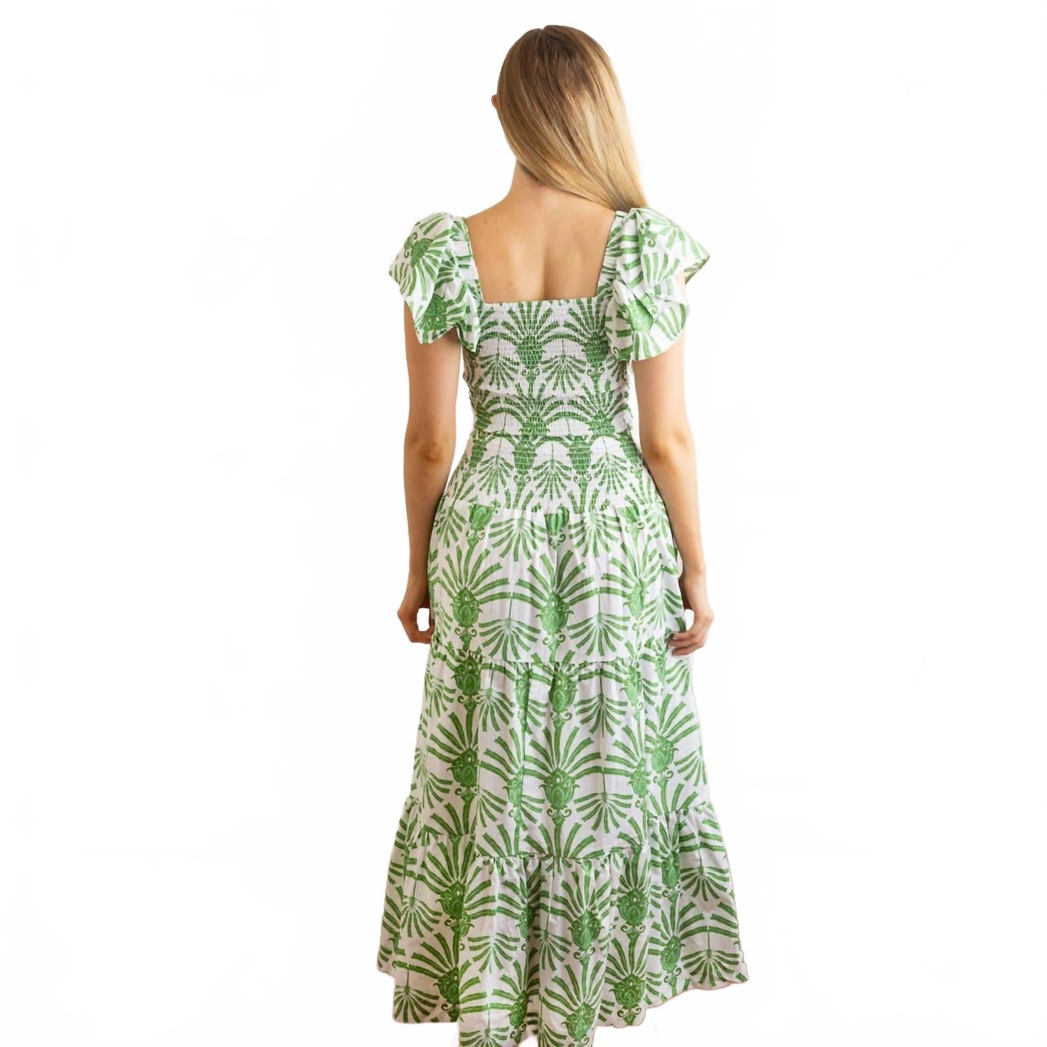 Smocked Flutter Sleeve Top And Skirt Set In Green Deco Palm