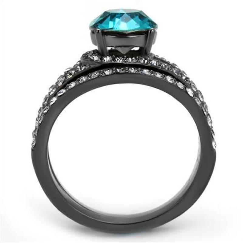 IP Light Black Stainless Steel Ring with Top Grade Crystal in Blue Zircon