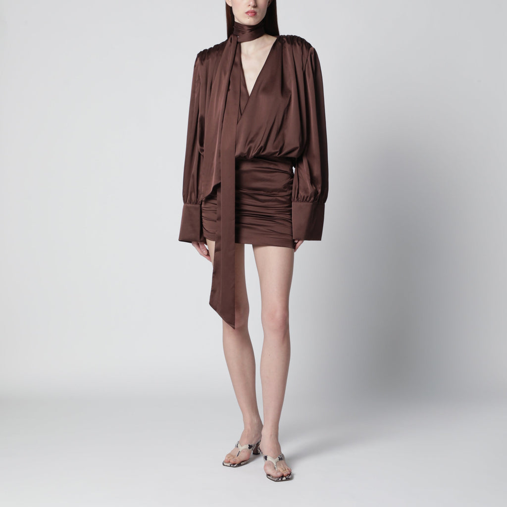 Rotate Short Chiffon Dress With Deep V-Neck And Bow, Brown Women
