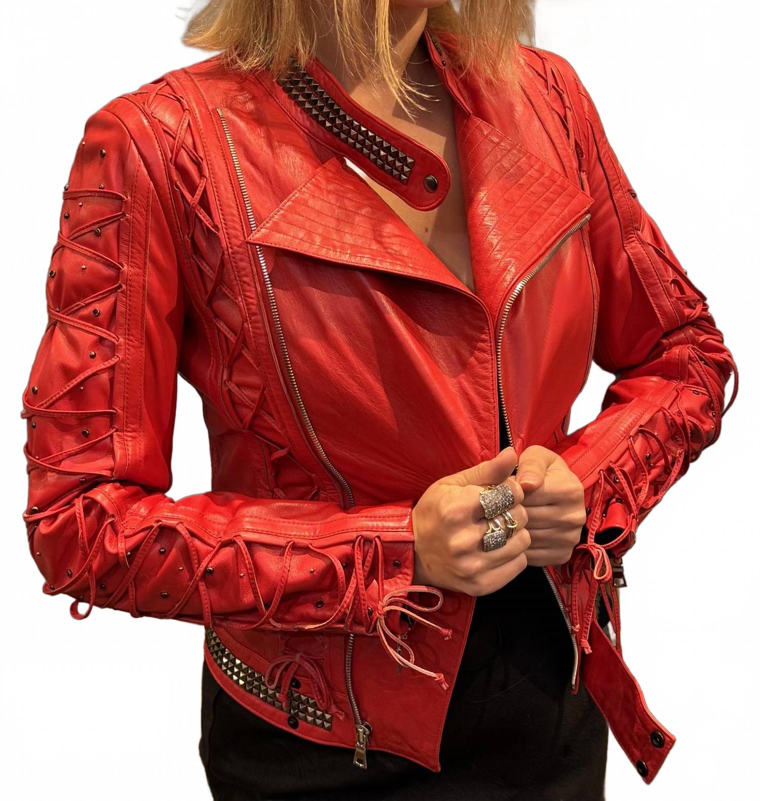 Laced Heart Leather Moto Jacket In Red