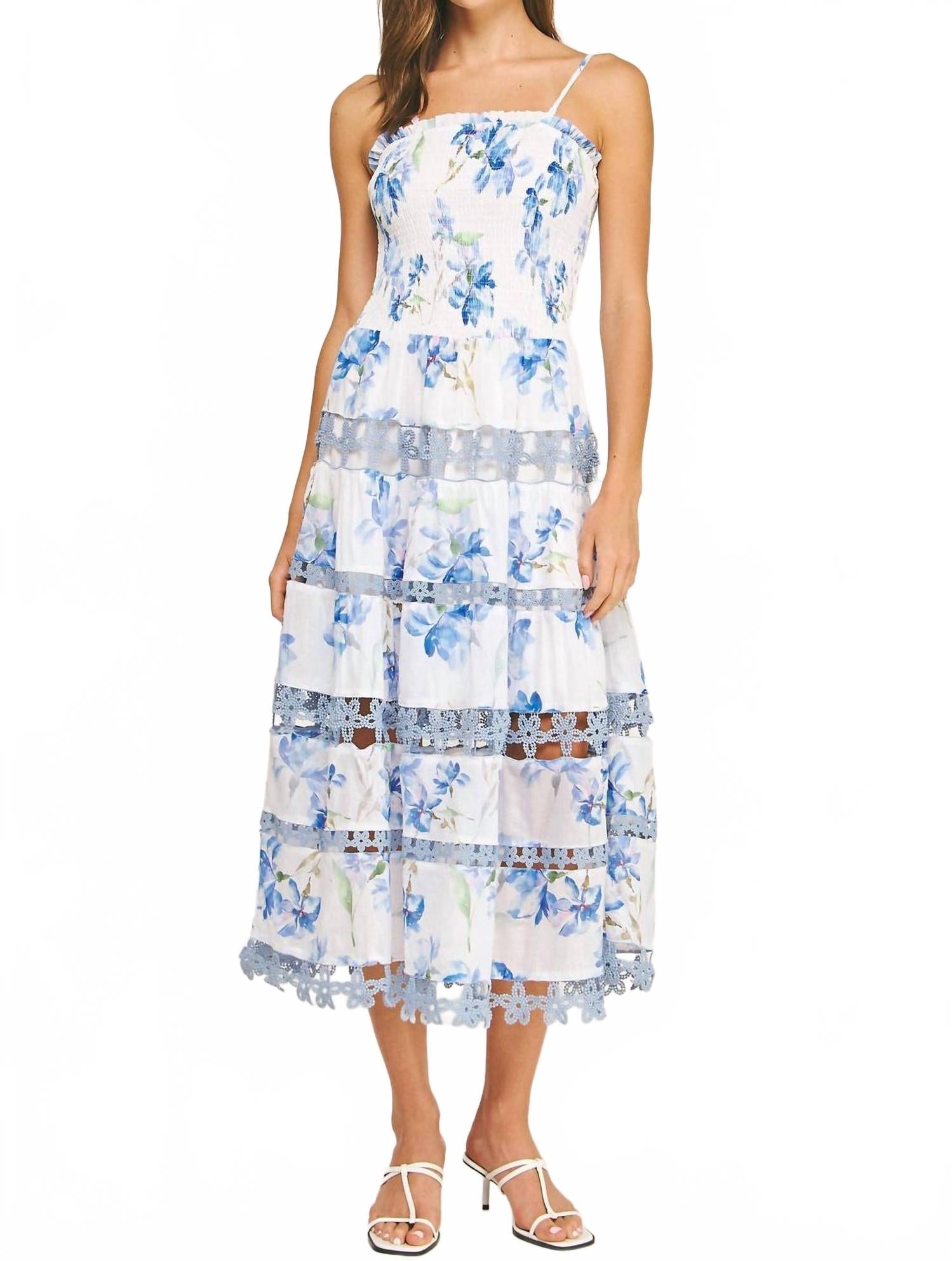 Floral Print Smocked Lace Trim Midi Dress In Blue Multi