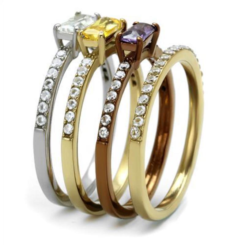 Three Tone (IP Gold & IP Light coffee & High Polished) Stainless Steel Ring with AAA Grade CZ in Multi Color