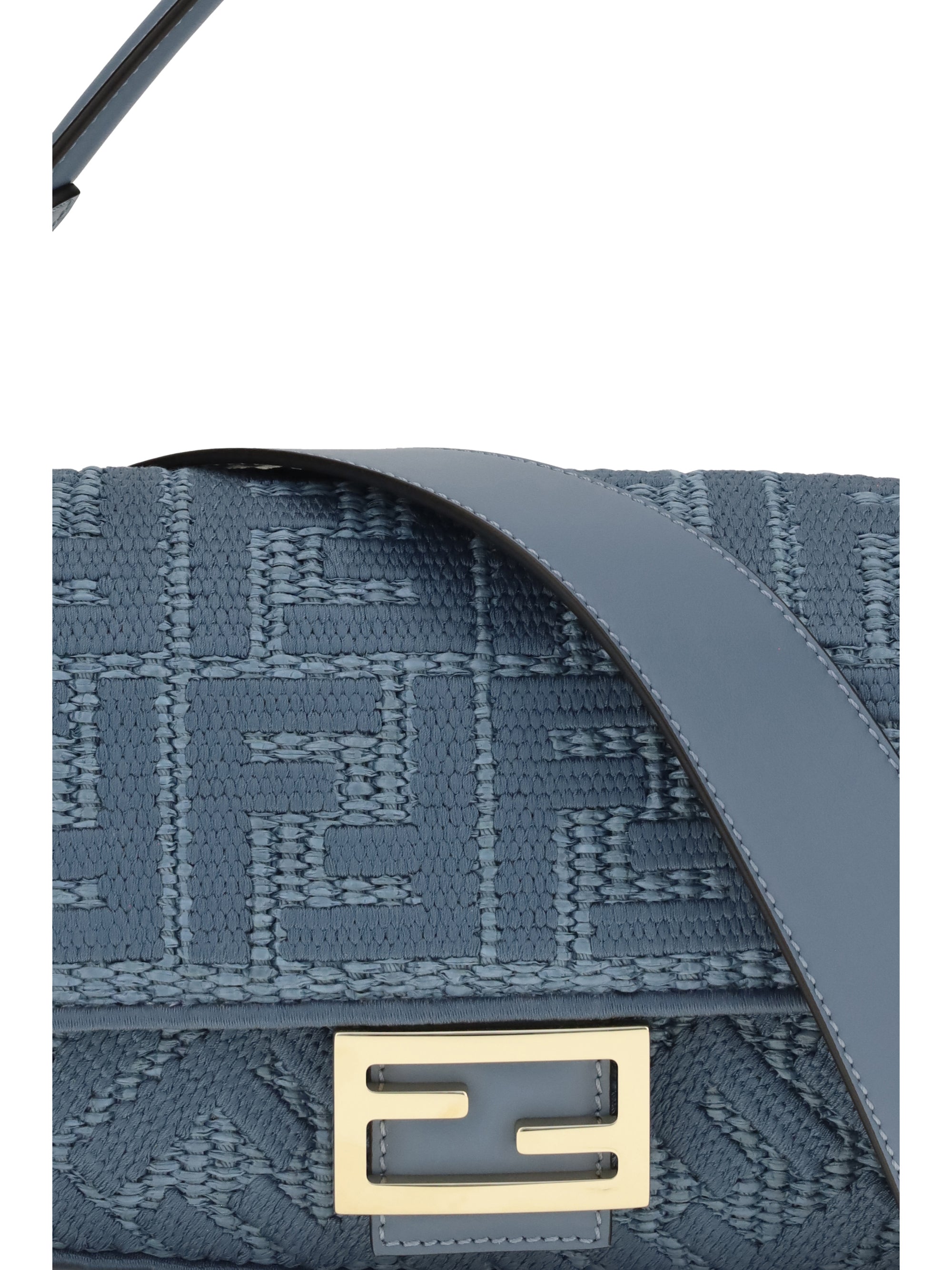 Fendi Women Medium Woven Raffia Shoulder Bag With Ff Embroidery