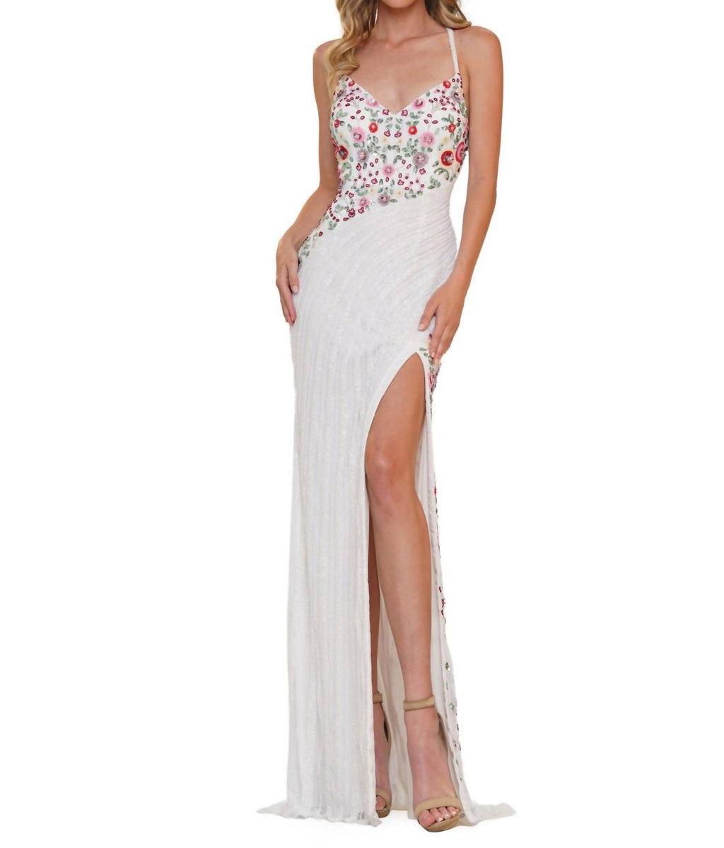 Floral Beaded Mesh Gown In White