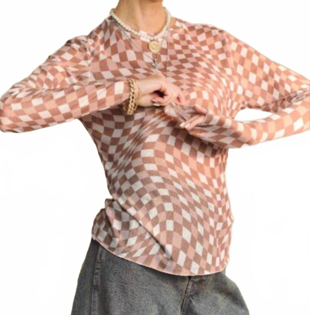 Checkered Burnout Top In Mocha Mousse