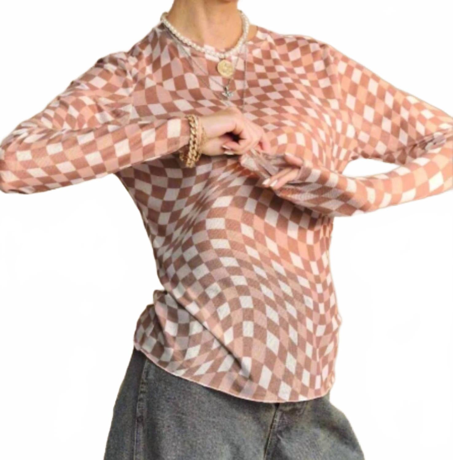 Checkered Burnout Top In Mocha Mousse