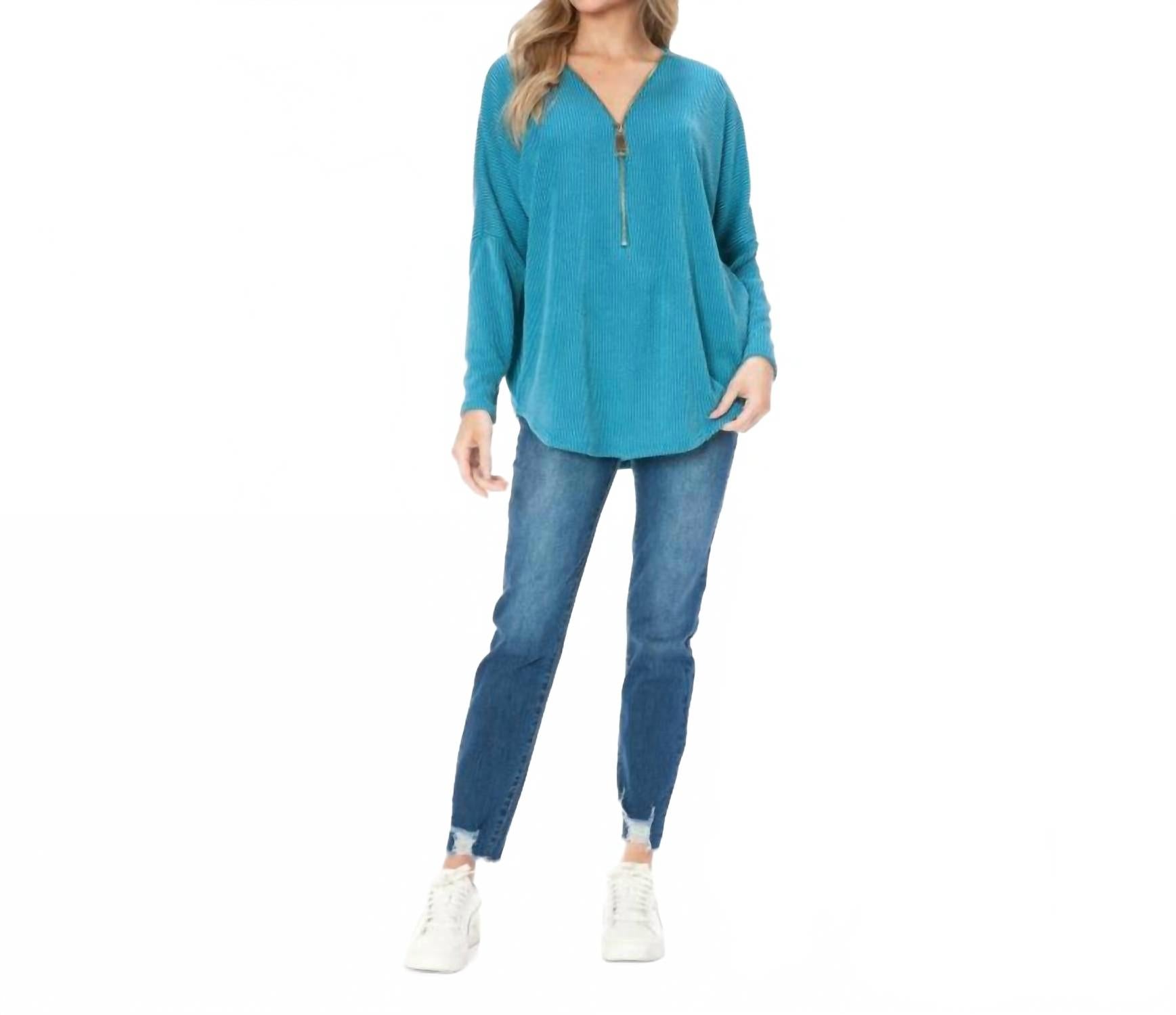 Dolman Sleeve Zipper Top In Turquoise