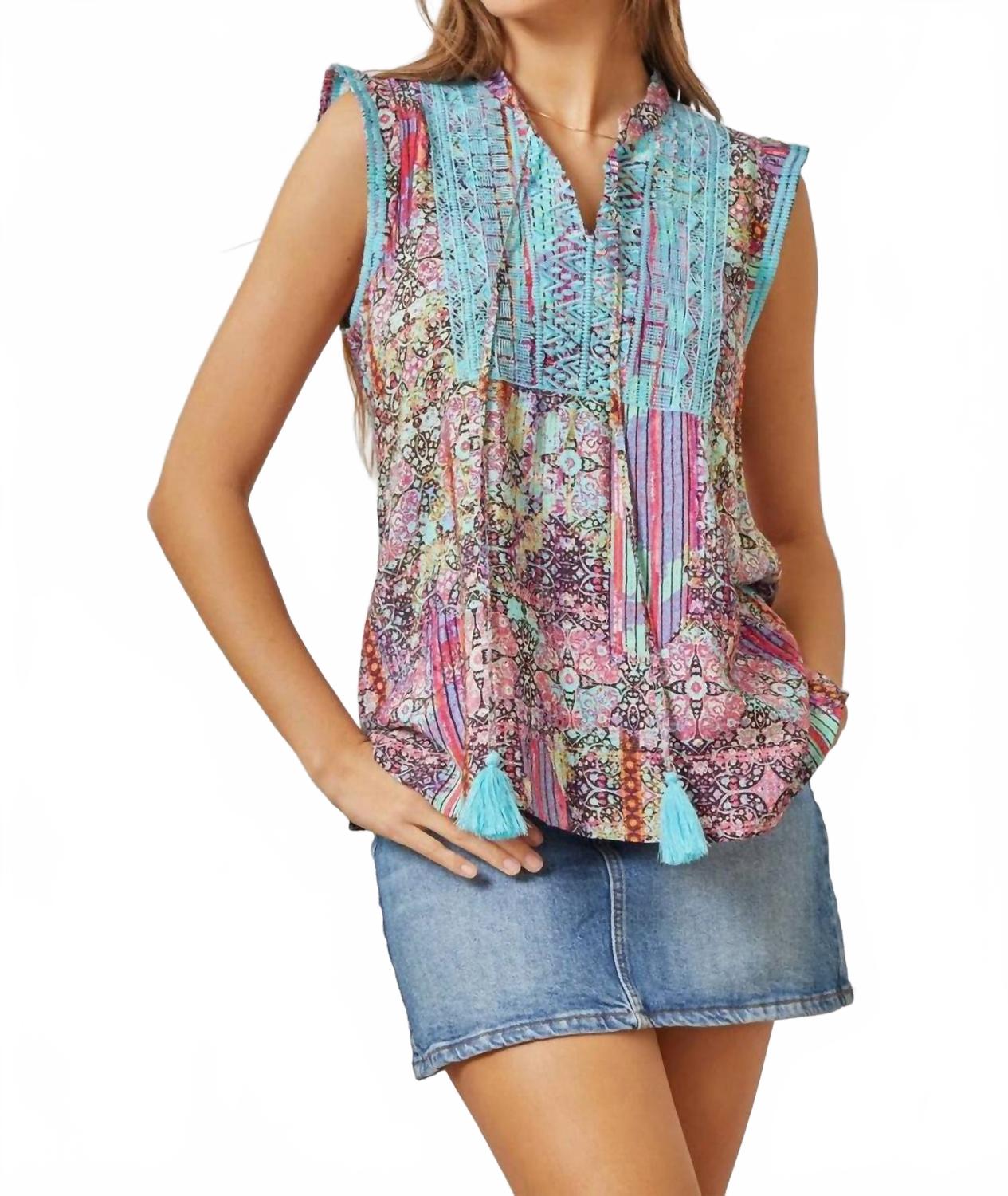 Patchwork Embroidered Cap Sleeve Top In Multi