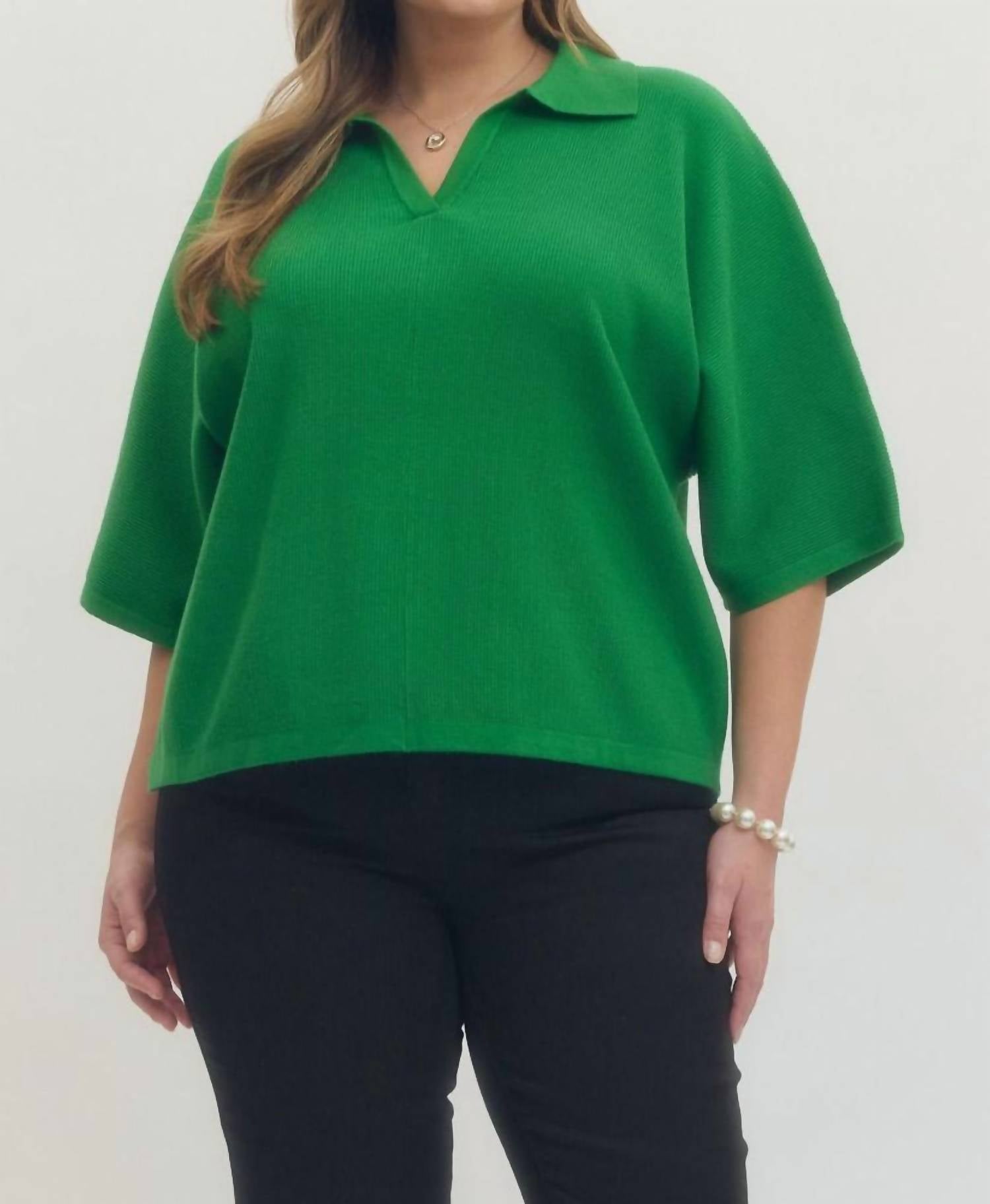 Solid V-Neck Collared Top In Green