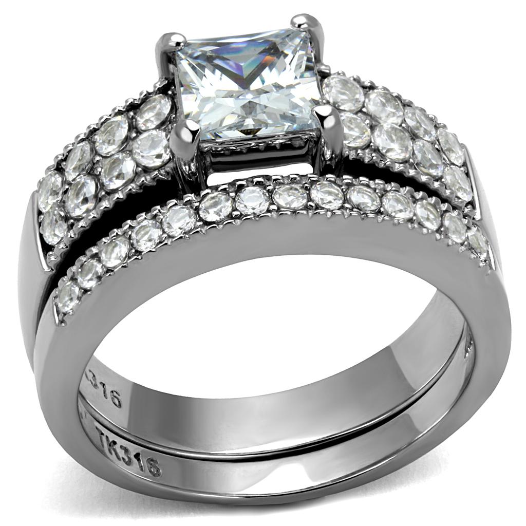 High polished (no plating) Stainless Steel Ring with AAA Grade CZ in Clear