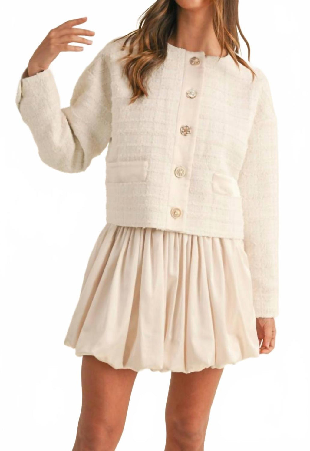Jewel Button Up Tweed Jacket In Cream
