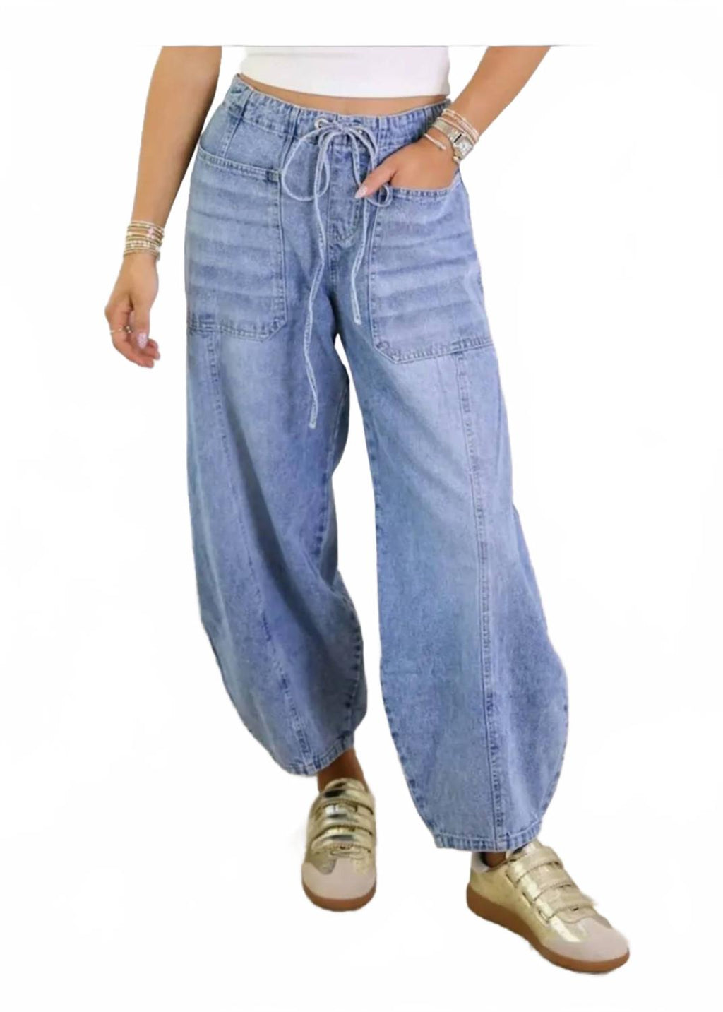 Elastic Waist String Tie Pocket Denim Pants In Light Blue