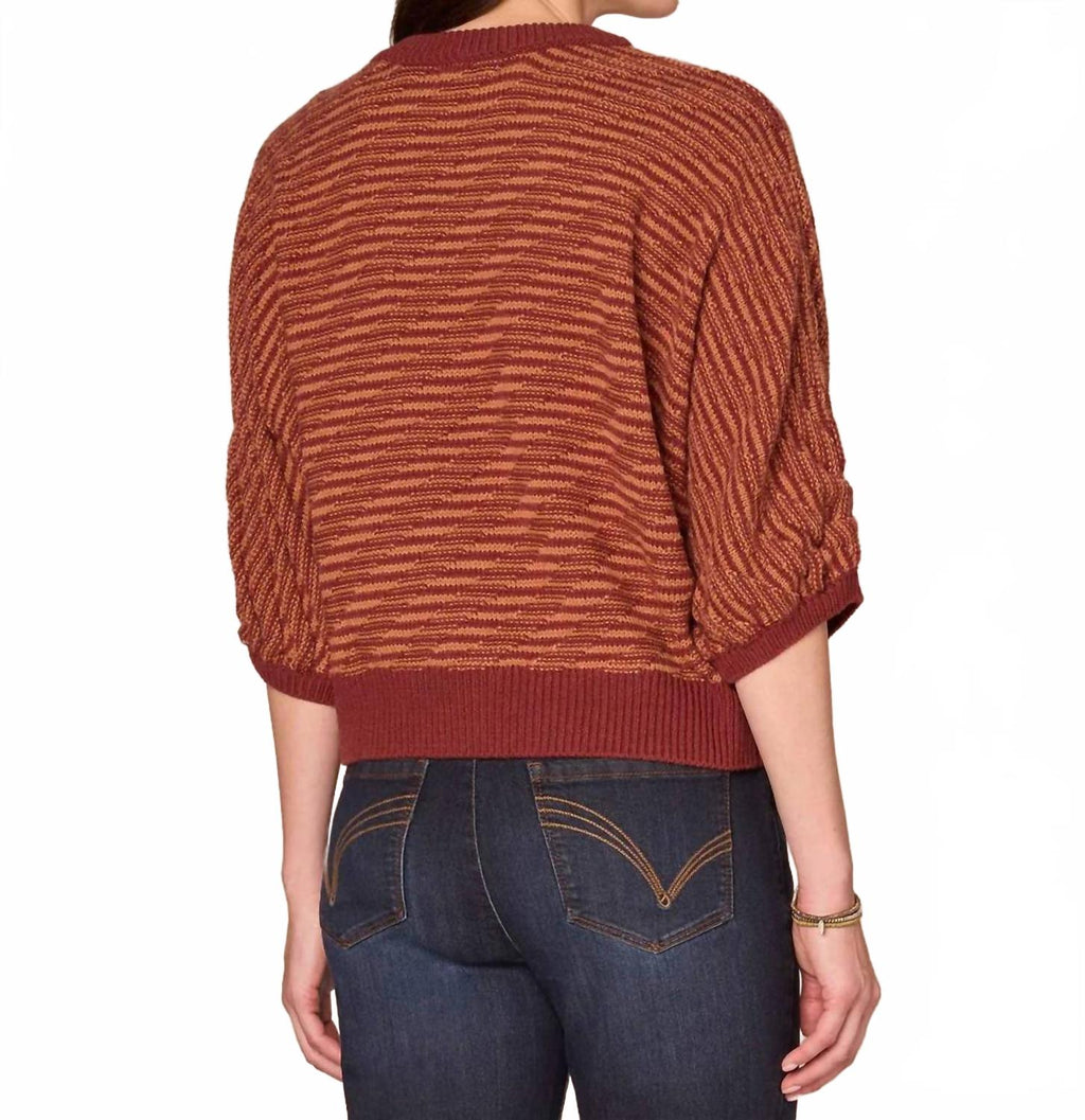 3/4 Dolman Sleeve Banded Hem Bias Stitch Sweater In Brown