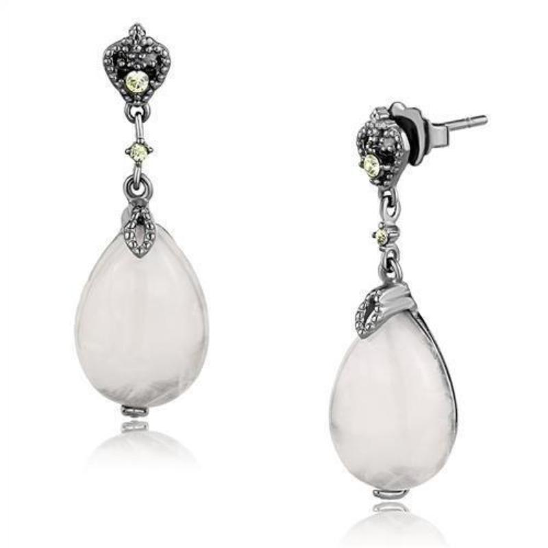 IP Light Black Stainless Steel Earrings with Precious Stone PINK CRYSTAL in Light Rose