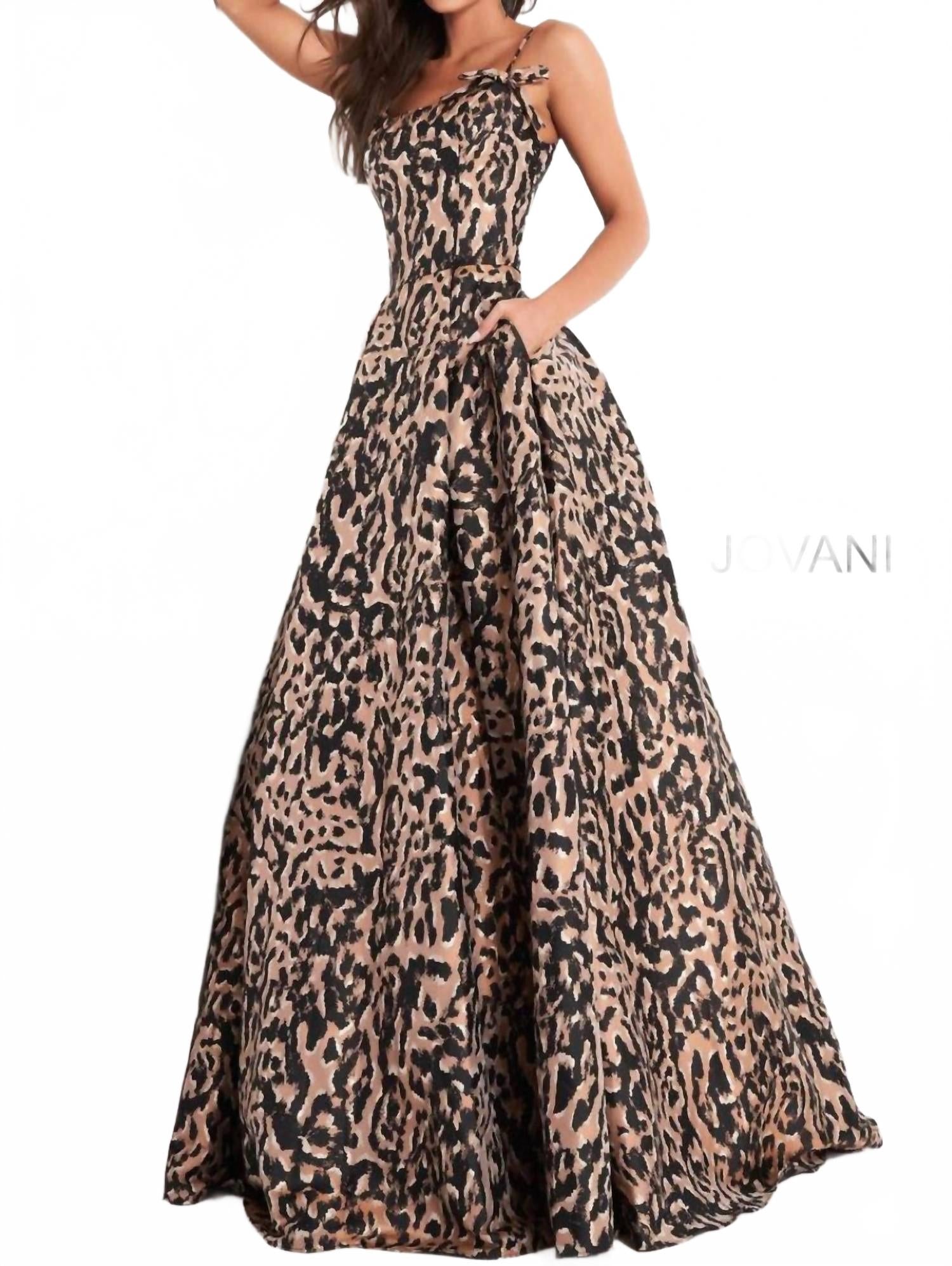 Spaghetti Strap Prom Gown In Cheetah