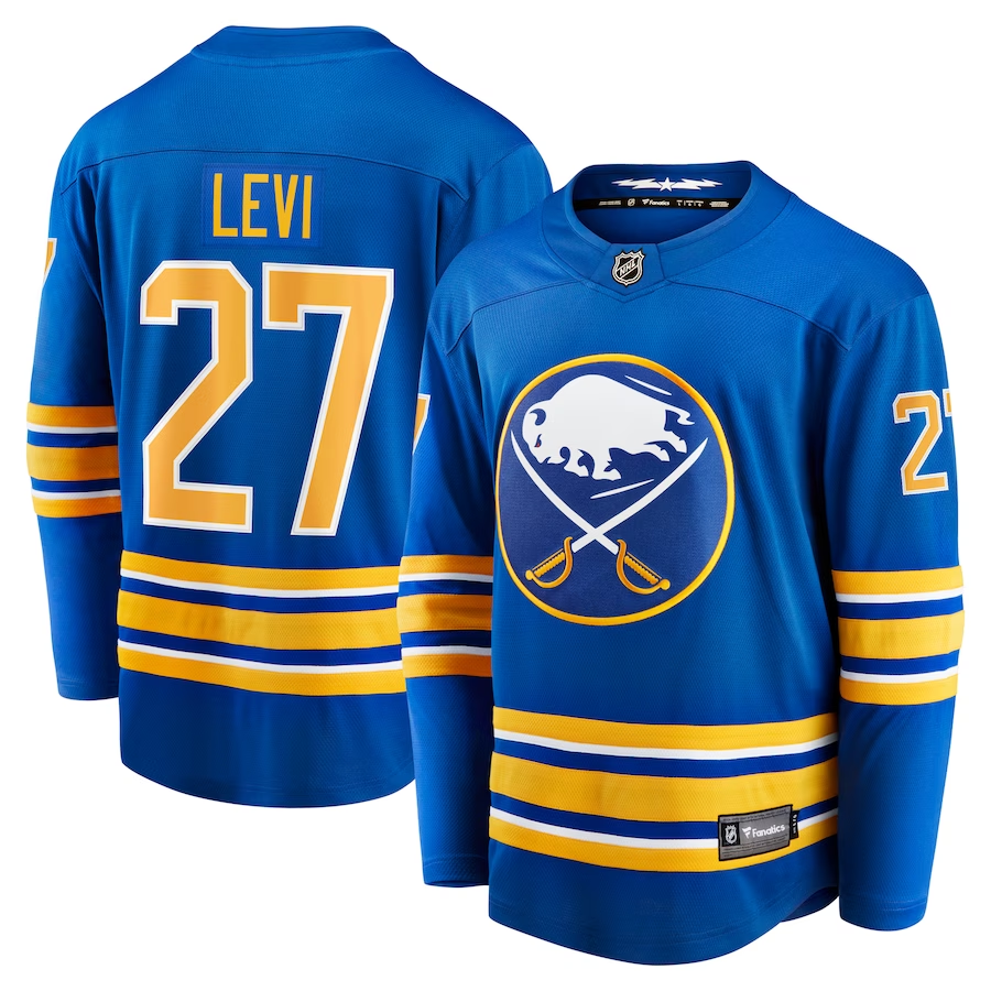 Men's Buffalo Sabres devon levi #27 Royal Replica Game jersey