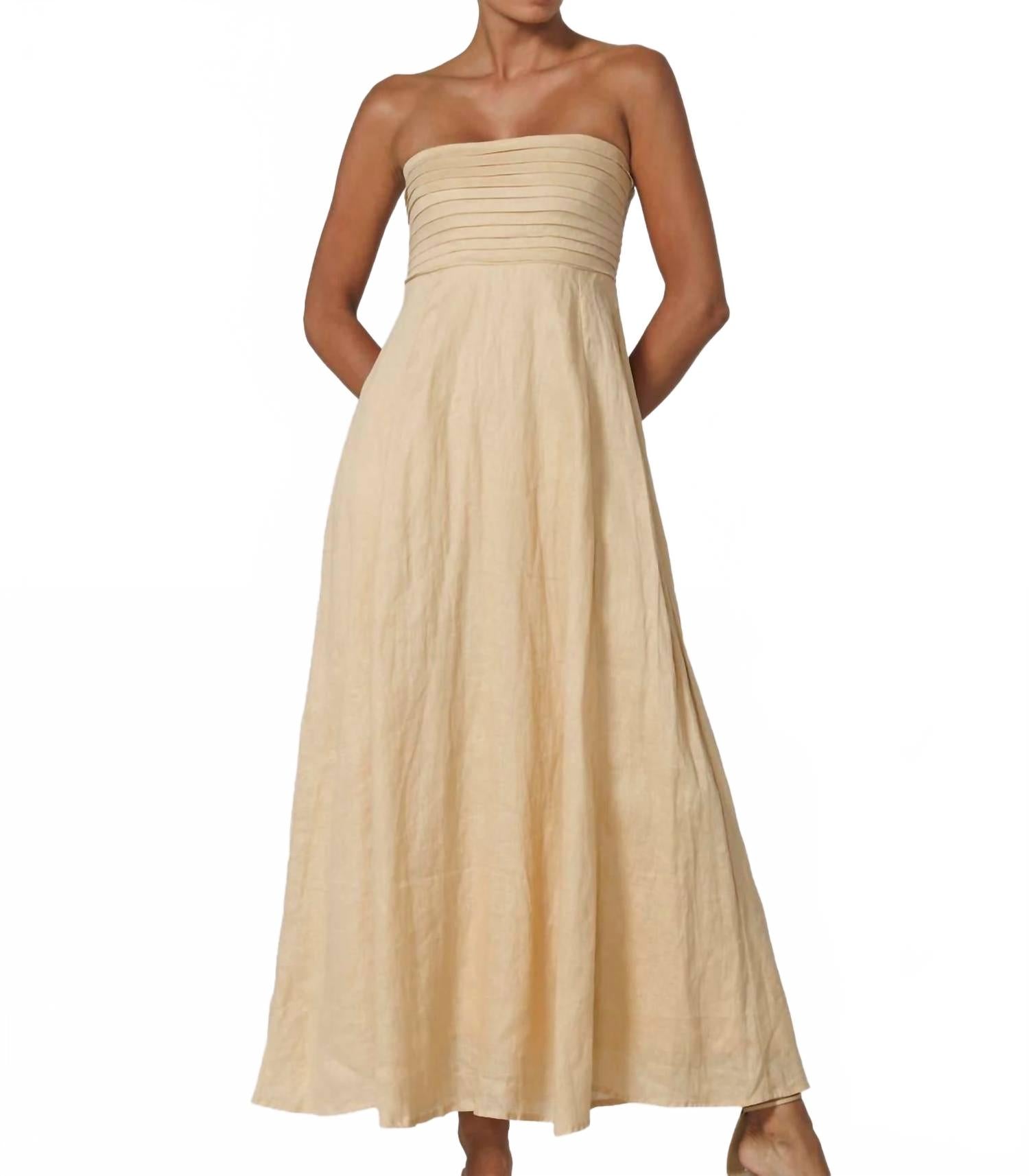 Talia Pintuck Linen Maxi Dress In Champange