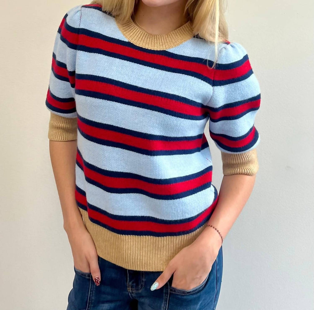 Scottie Striped Knit Sweater In Blue, Red And Tan