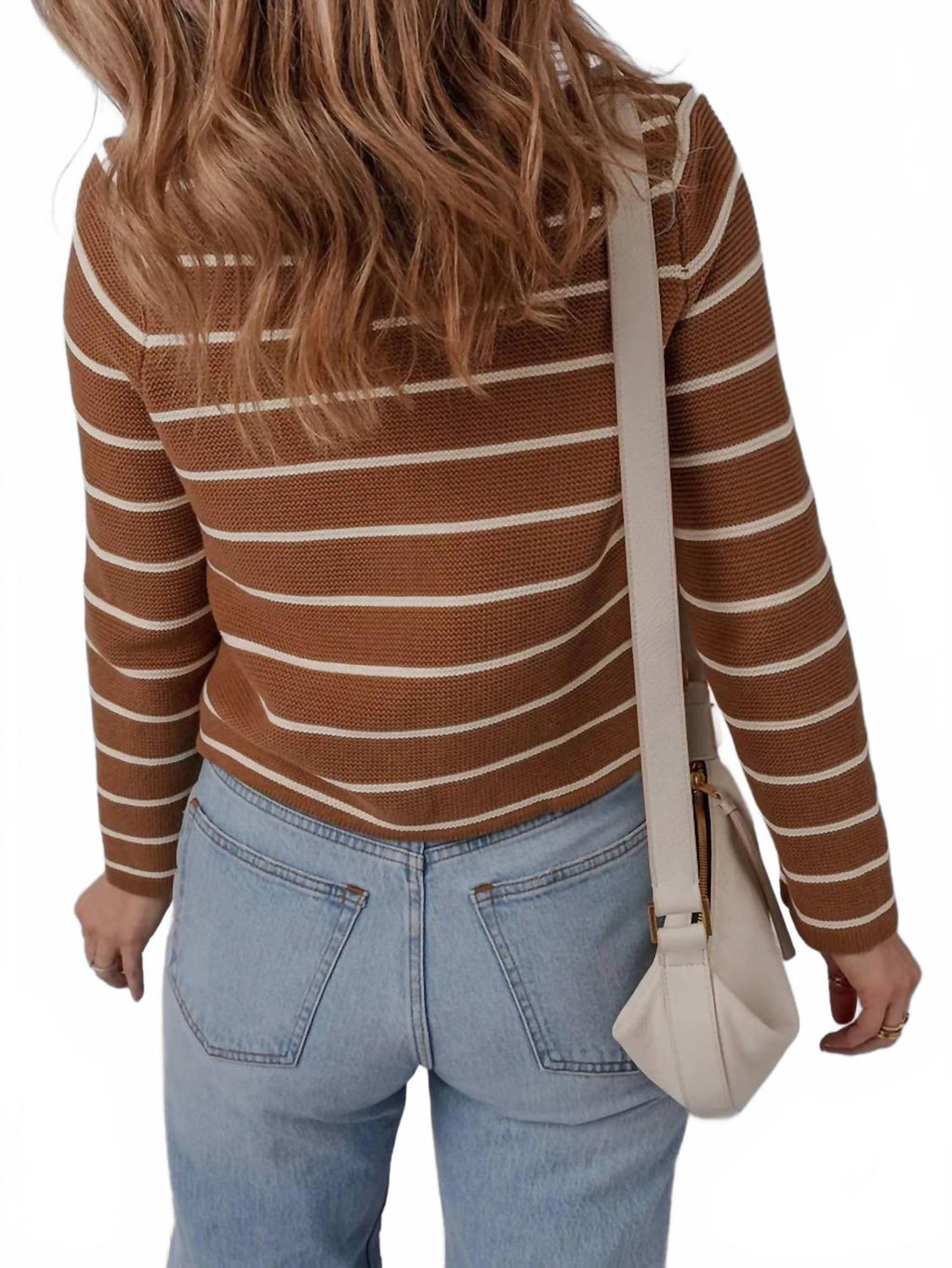 Tie Front Stripped V-Neck Cardigan In Caramel