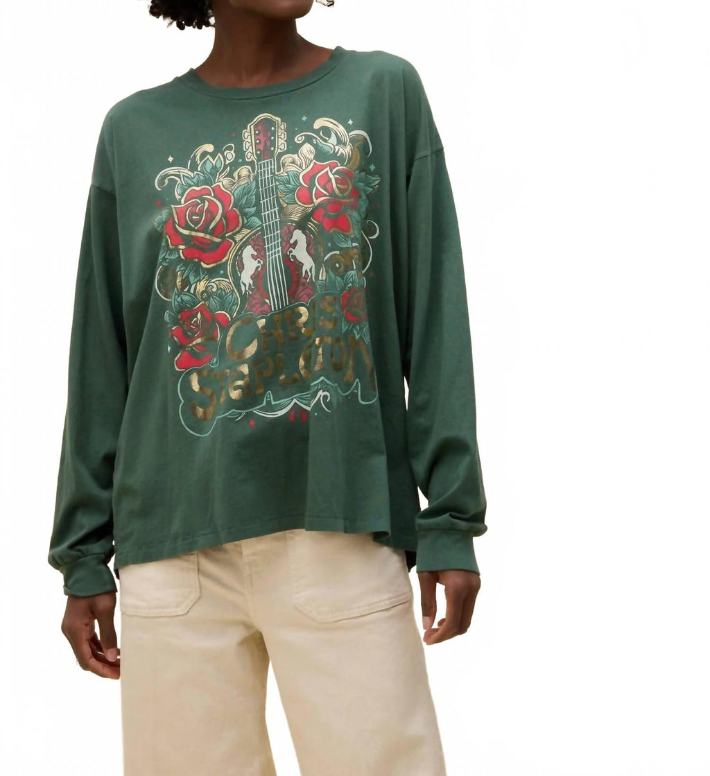 Chris Stapleton Guitar & Roses Long Sleeve Top In Deep Green