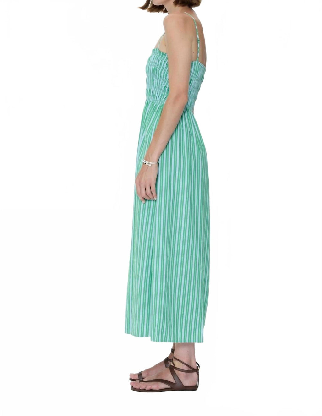 Bianca Shirred Bodice Dress In Green Blue Stripe