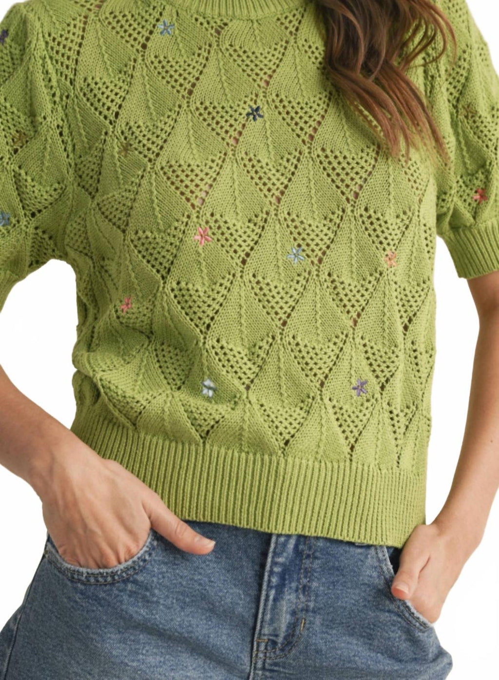 Embroidered Flower Short Sleeve Sweater In Lime